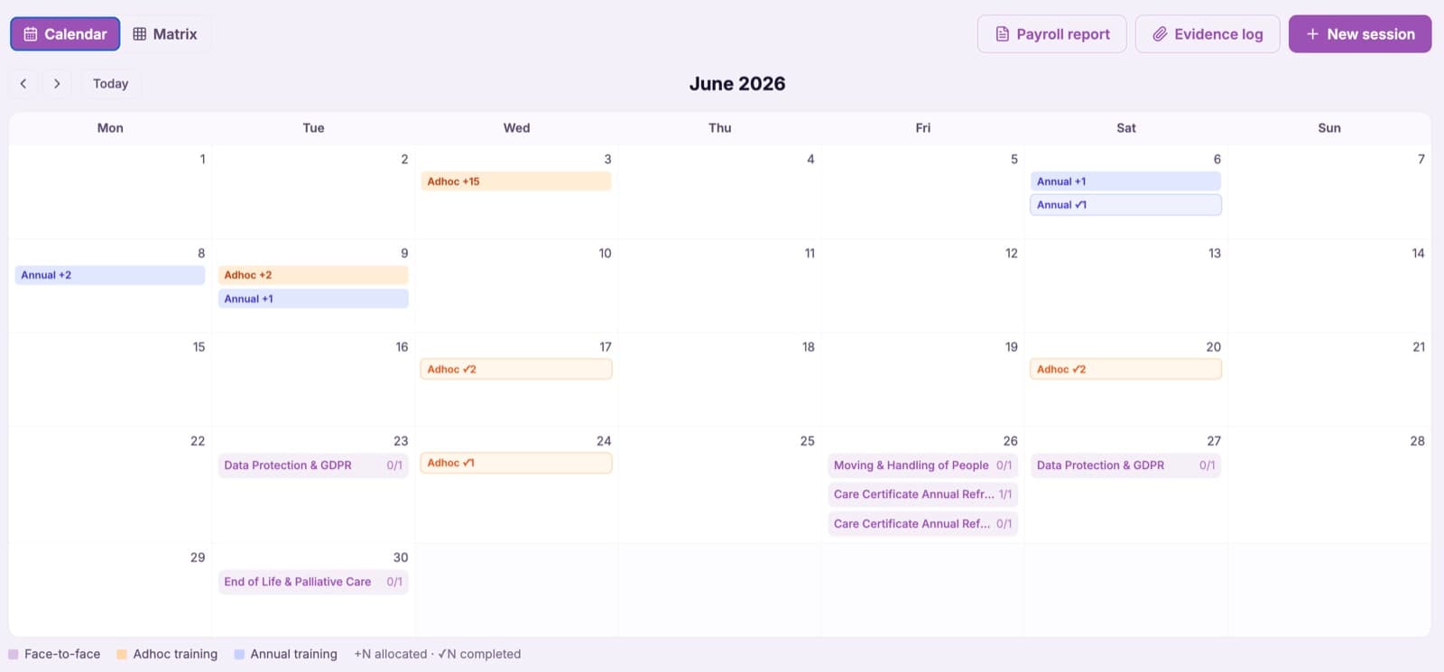 The training calendar showing face to face sessions, adhoc training and annual training allocations and completions across the month all available in CareStream