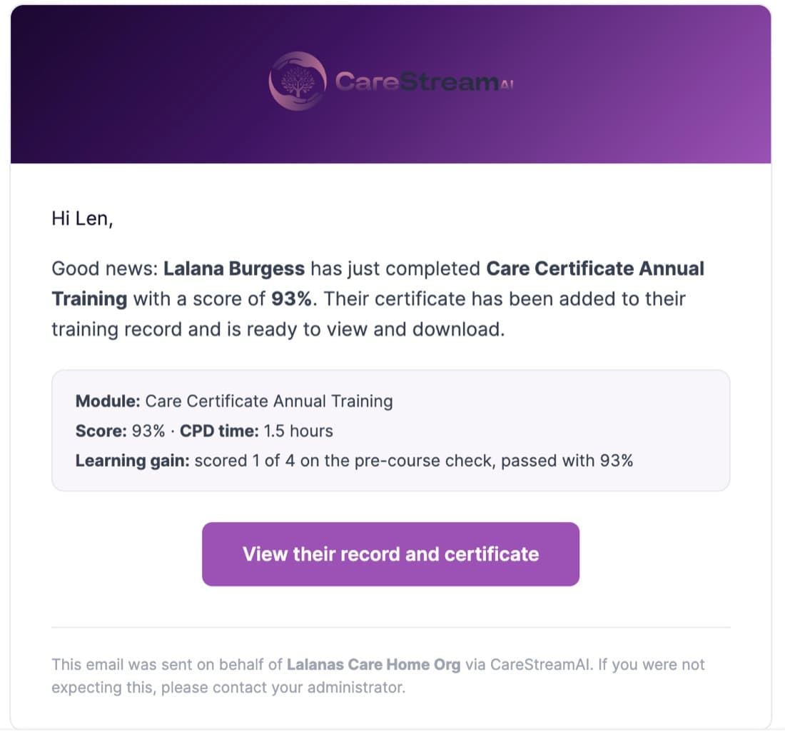The completion email sent to admins the moment a staff member passes, showing score, CPD time, learning gain and a link to the certificate all available for CPD approved CareStream training modules