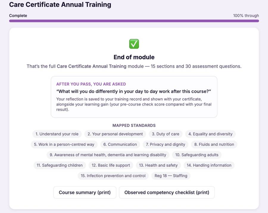 The end of module screen with the reflective practice prompt, mapped standards and the printable course summary and competency checklist all available in CareStream
