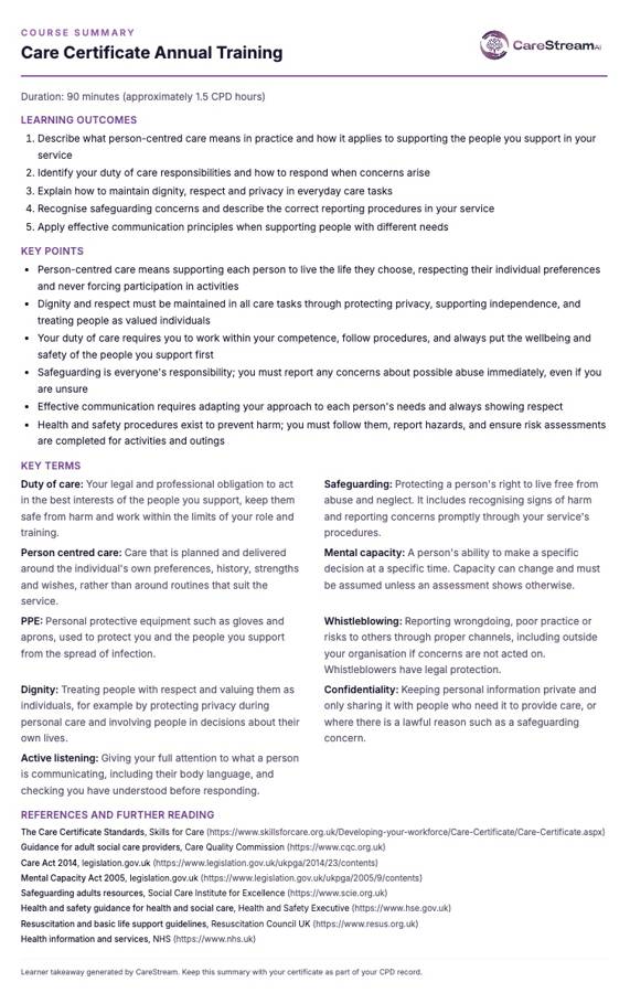 The printable one page course summary with learning outcomes, key points, key terms and references all available in CareStream