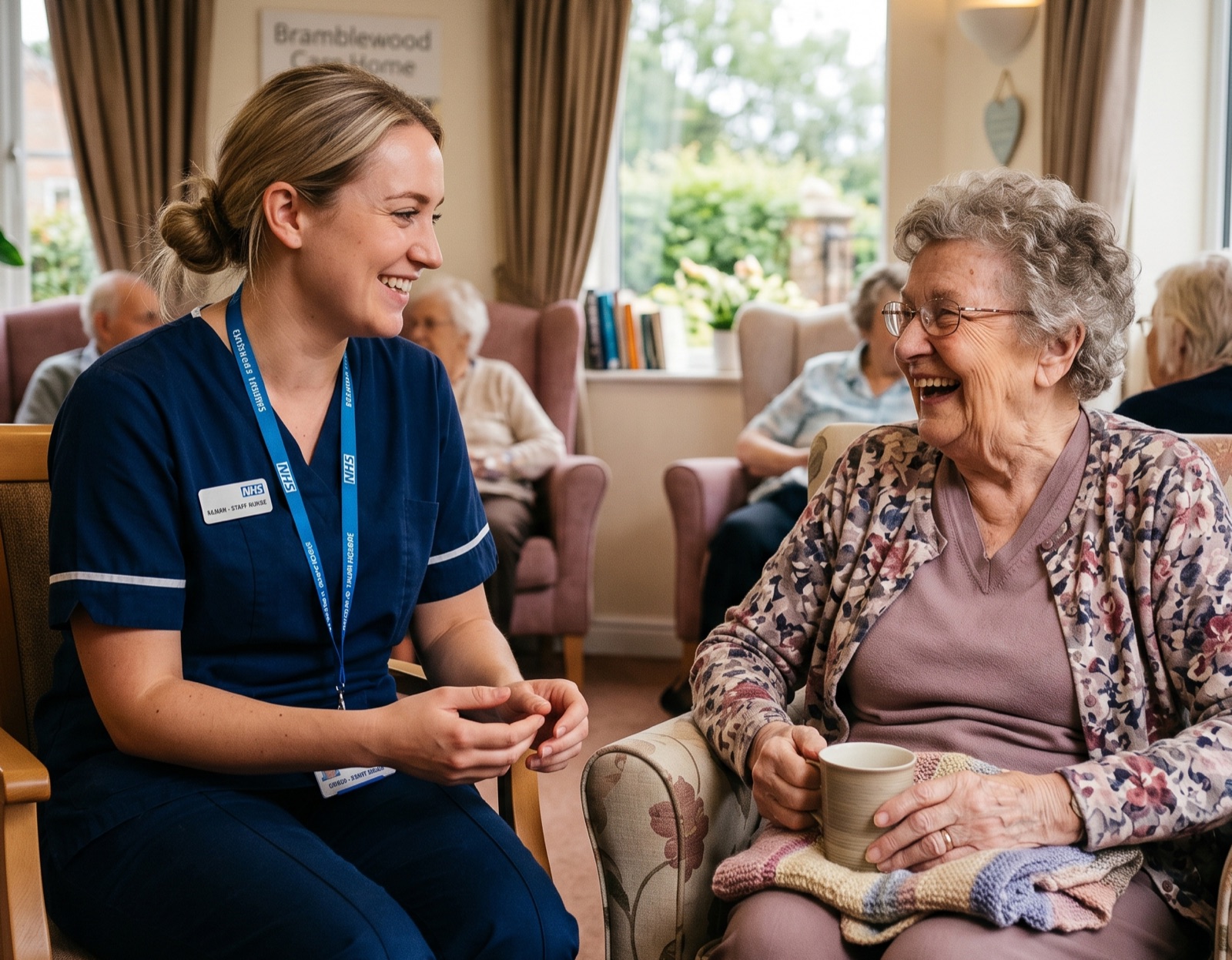 Residential care home nurse talking with a resident knowing she has access to all her care home care policies through the CareStream online chat, whatsapp or email.