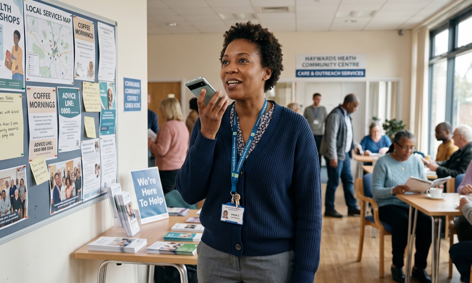 Community care nurse talking with a resident knowing she has access to all her care home care policies through the CareStream online chat, whatsapp or email.