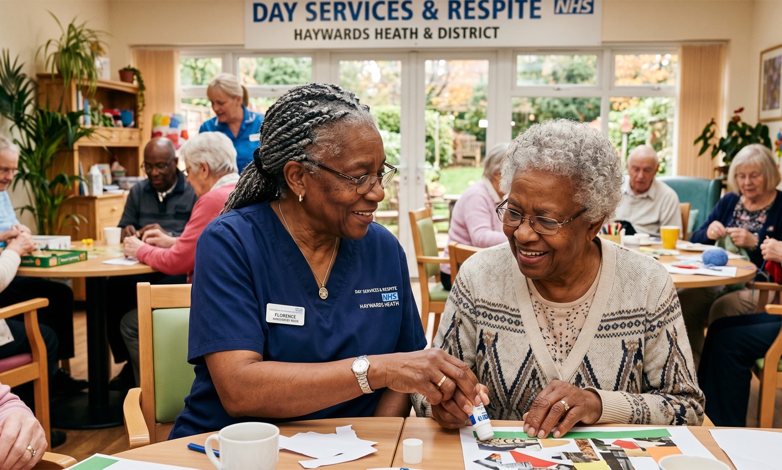 Day services nurse talking with a resident knowing she has access to all her care home care policies through the CareStream online chat, whatsapp or email.