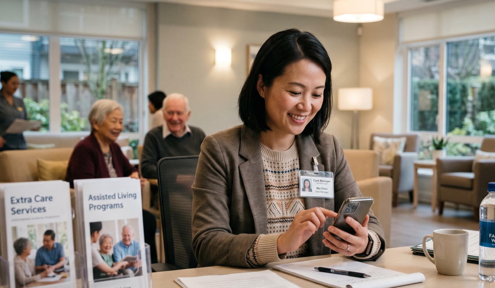 Extra care housing nurse talking with a resident knowing she has access to all her care home care policies through the CareStream online chat, whatsapp or email.