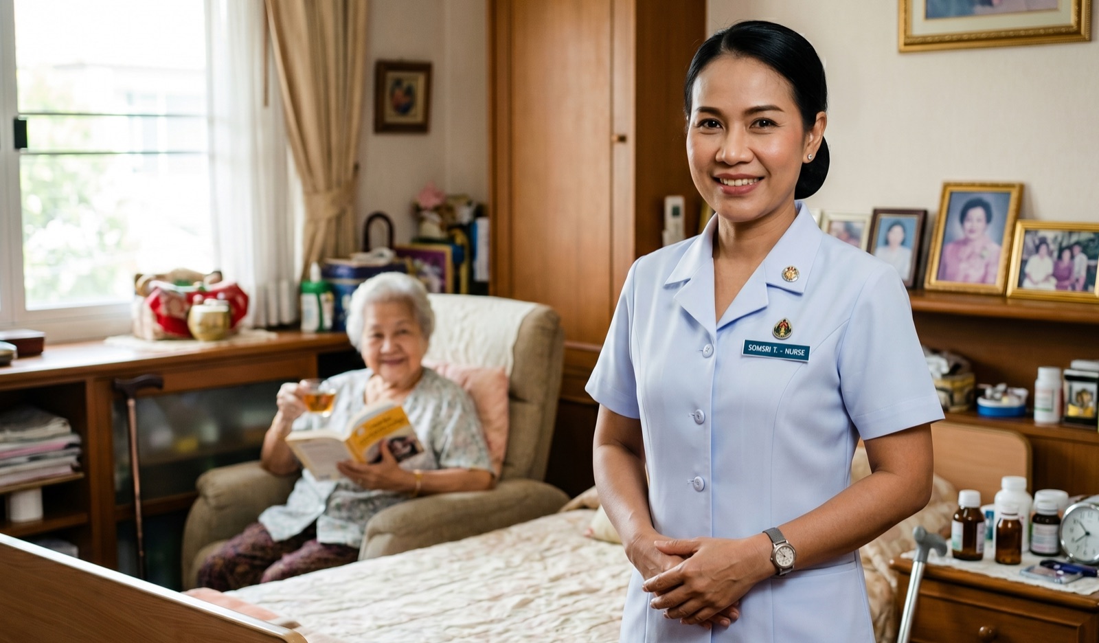 Home care nurse talking with a resident knowing she has access to all her care home care policies through the CareStream online chat, whatsapp or email.