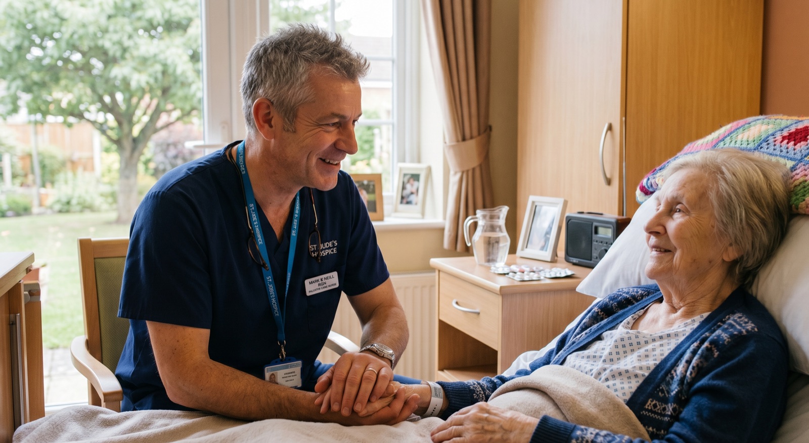 Hospice care nurse talking with a resident knowing she has access to all her care home care policies through the CareStream online chat, whatsapp or email.