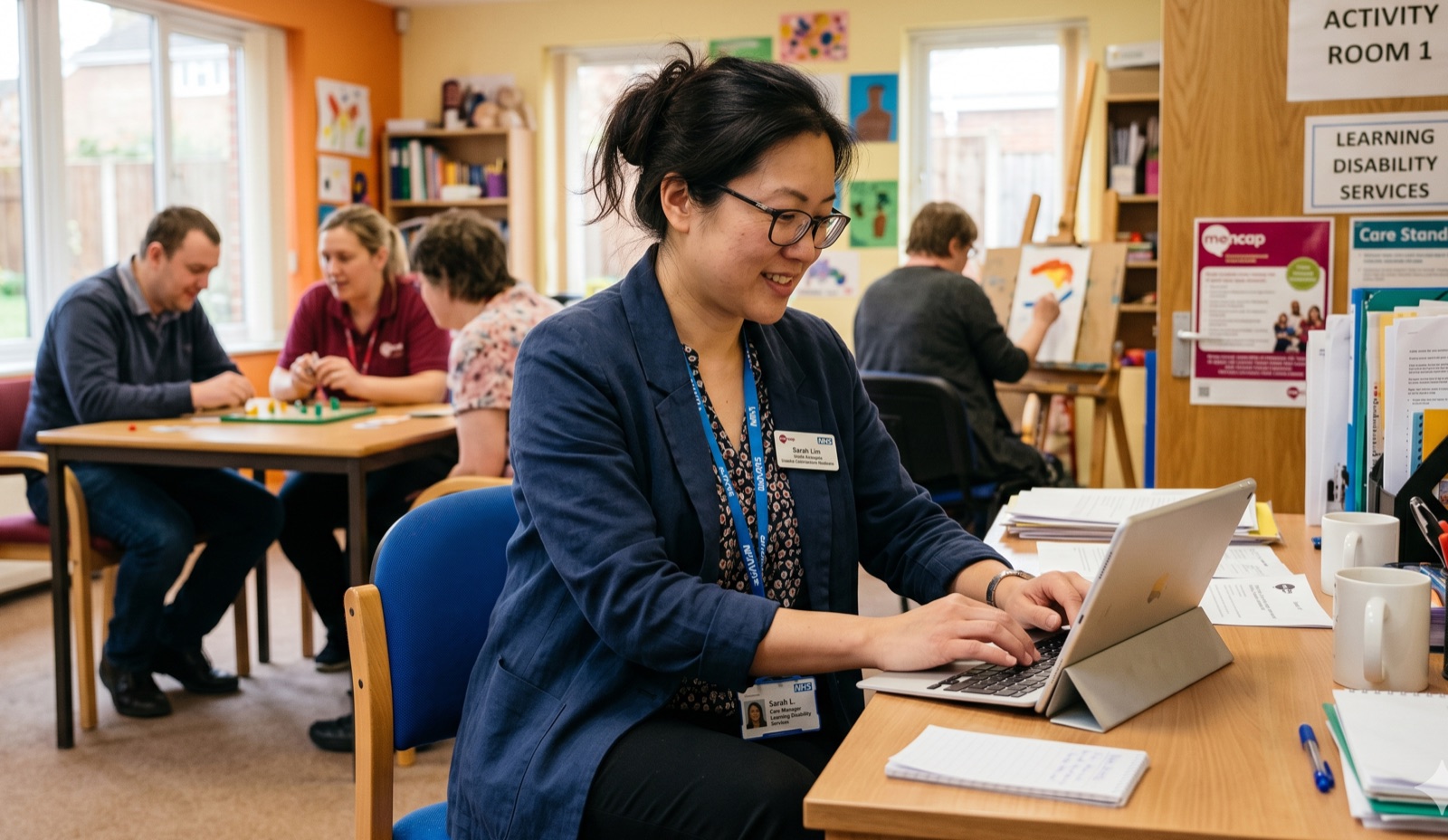 Learning disability support nurse talking with a resident knowing she has access to all her care home care policies through the CareStream online chat, whatsapp or email.