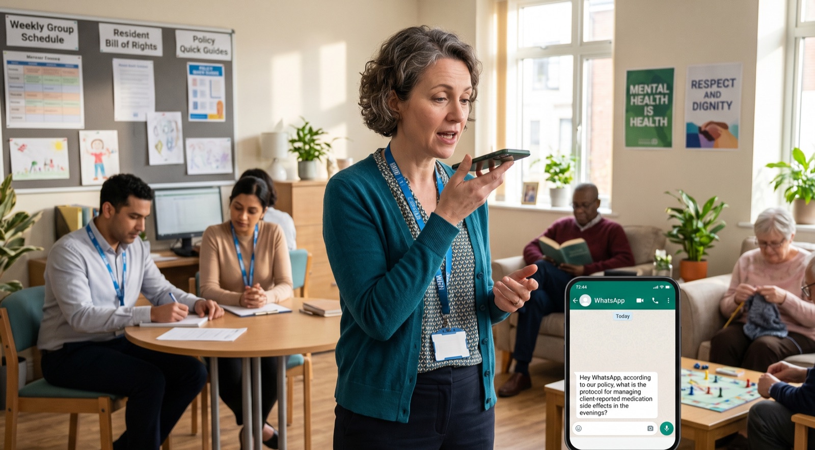 Mental health support nurse talking with a resident knowing she has access to all her care home care policies through the CareStream online chat, whatsapp or email.