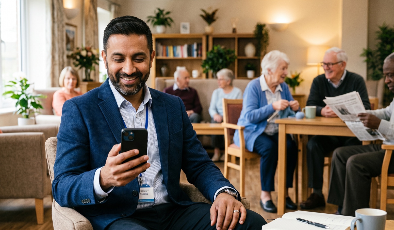 Nursing homes nurse talking with a resident knowing she has access to all her care home care policies through the CareStream online chat, whatsapp or email.