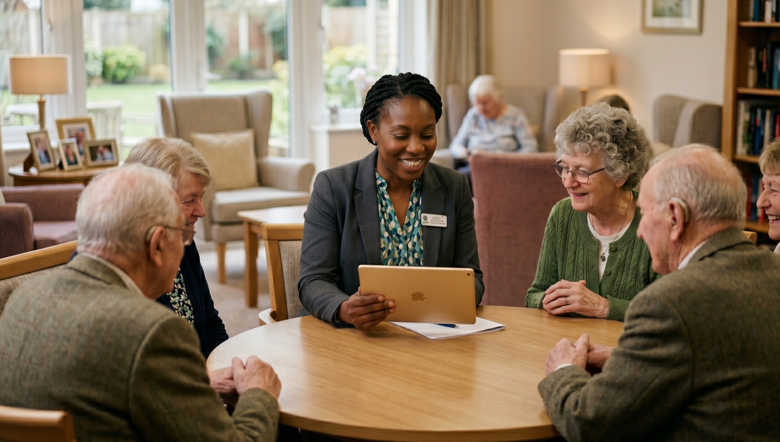 Residential care homes nurse talking with a resident knowing she has access to all her care home care policies through the CareStream online chat, whatsapp or email.
