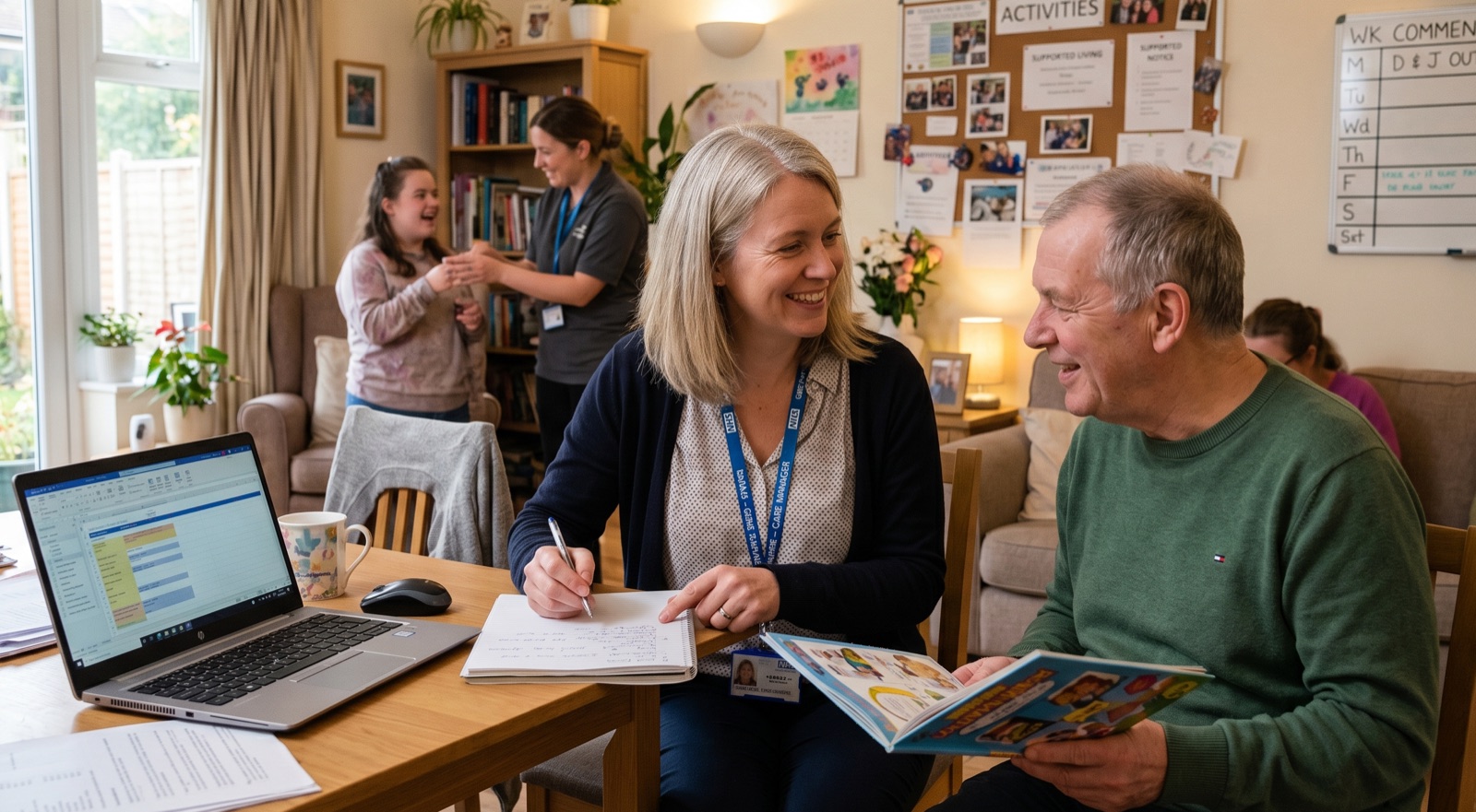 Supported living nurse talking with a resident knowing she has access to all her care home care policies through the CareStream online chat, whatsapp or email.